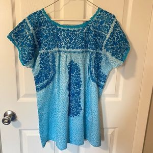Light Blue Mexican Loose-Fit Blouse with Blue Embroidered Detail